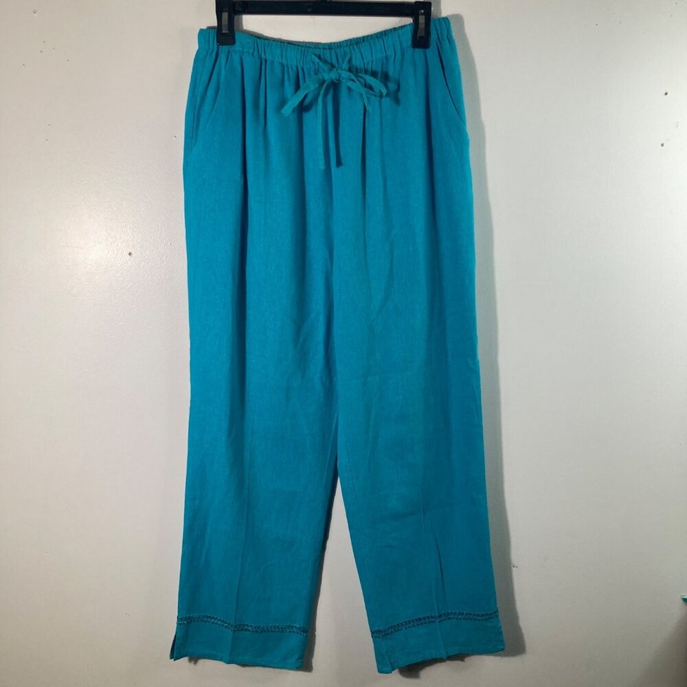 Womens Robert Louis Linen‎ Blend Straight Leg Pants Turquoise M